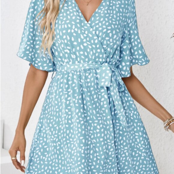 Printed Mini Dress Women Fashion V Neck Short Sleeve Dresses - Picture 3 of 6